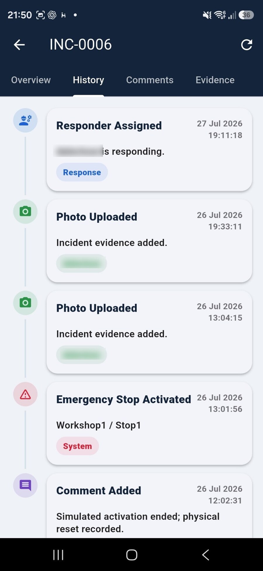 CSS Android app incident history showing activation, uploaded evidence and responder activity