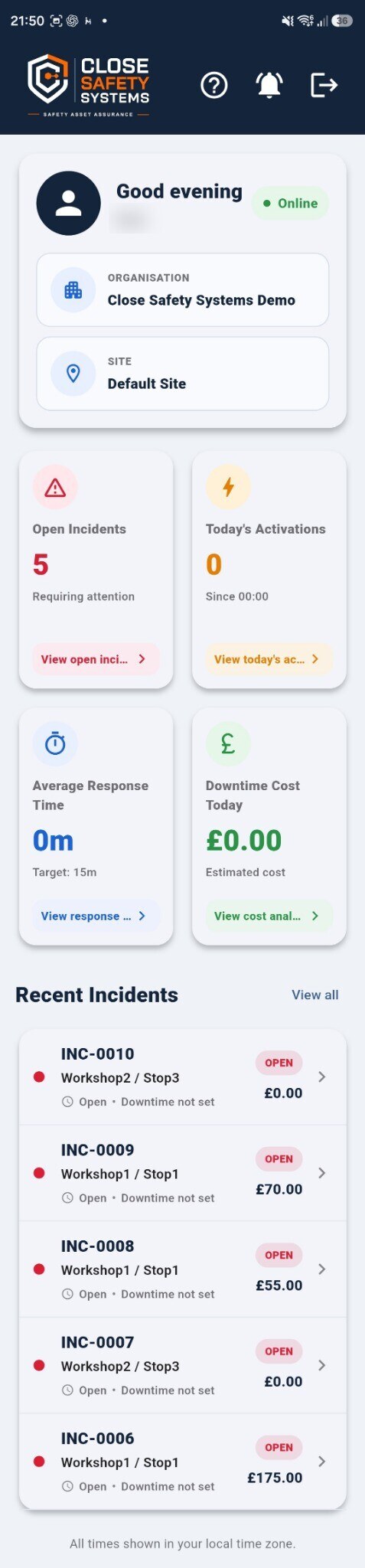 CSS Android app home screen showing demo organisation status and recent incidents